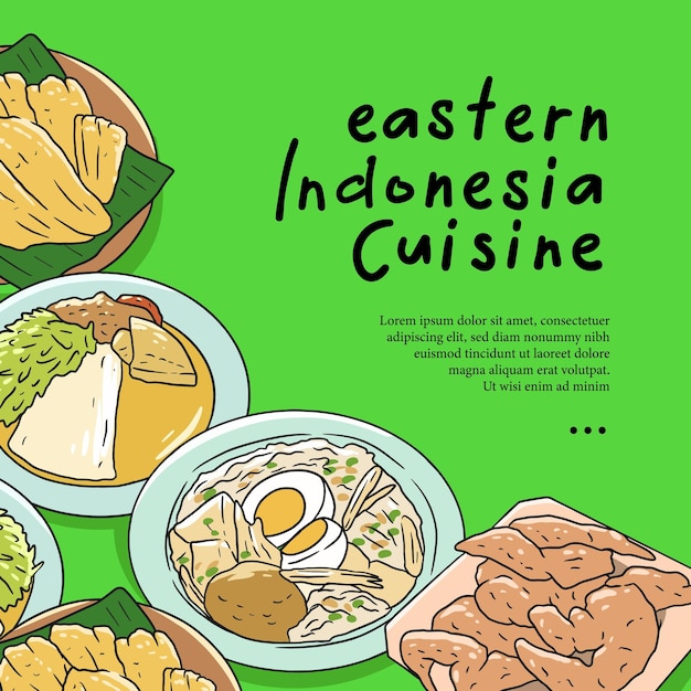 Eastern indonesia cuisine hand drawn illustration vector Indonesian food set collection for background