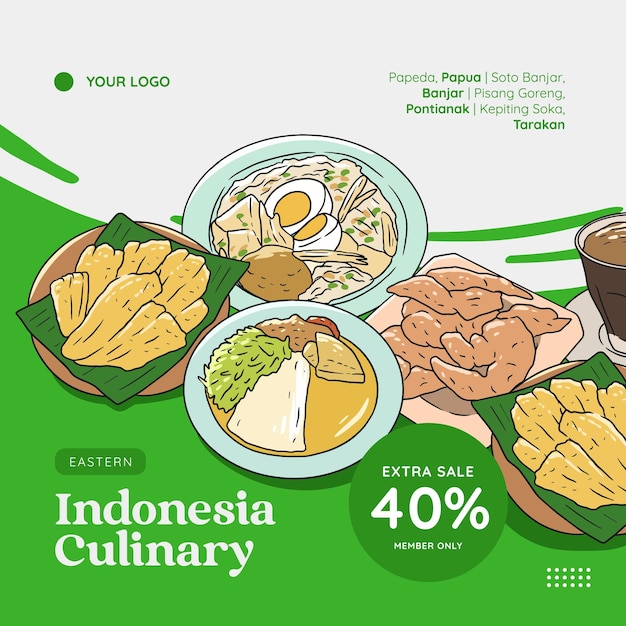 Eastern indonesia cuisine hand drawn illustration vector Indonesian food set collection for social media post template