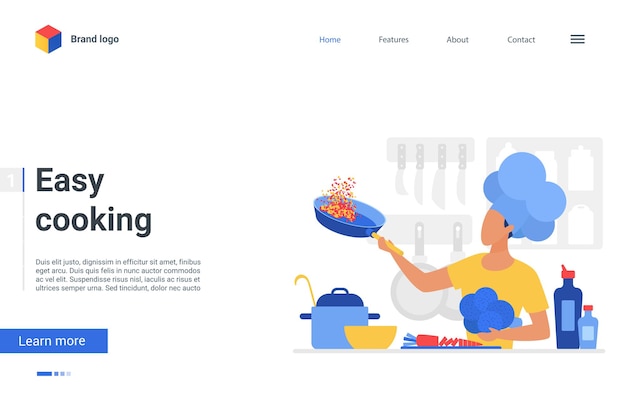 Vector easy cooking landing page, chef cooks healthy food in kitchen, cookery course or school