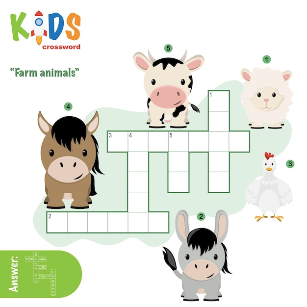 Easy crossword puzzle 'Farm animals' for children in elementary and middle school Fun way to practice language comprehension and expand vocabulary Includes answers