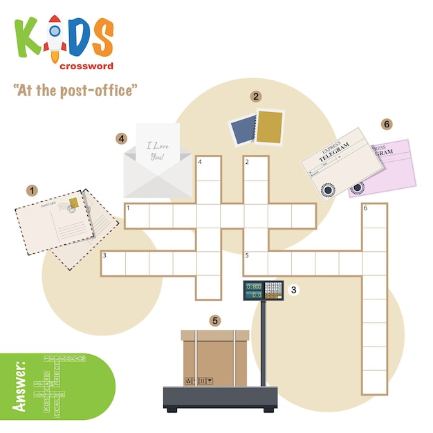 Easy crossword puzzle 'At the postoffice' for children in elementary and middle school Fun way to practice language comprehension and expand vocabulary Includes answers