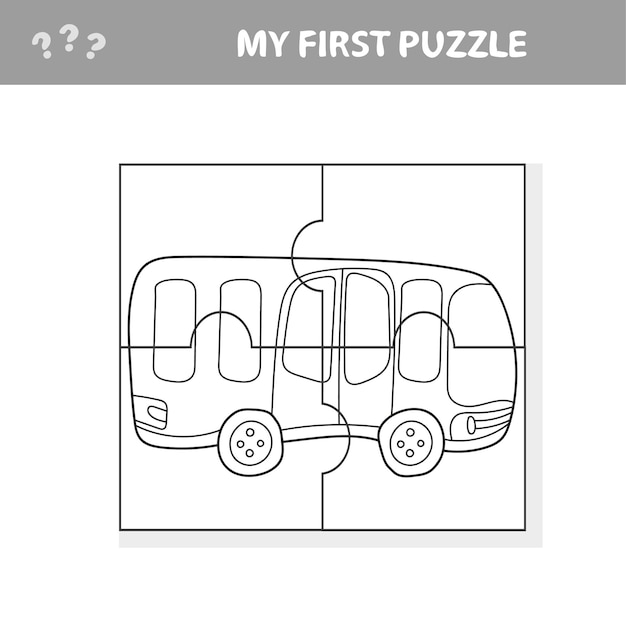 Easy educational paper game for kids. Simple kid puzzle with Toy Bus - My first puzzle and coloring book