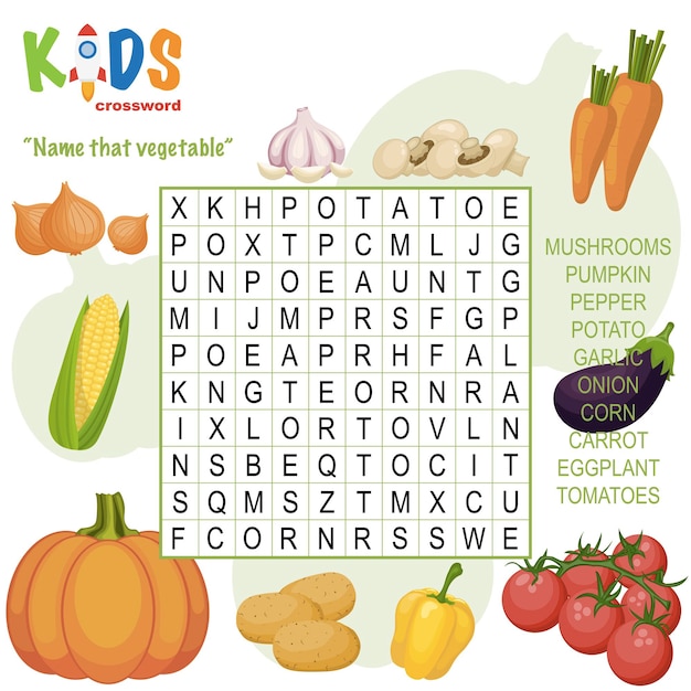 Vector easy word search crossword puzzle name that vegetable for children in elementary and middle school fun way to practice language comprehension and expand vocabulary includes answers