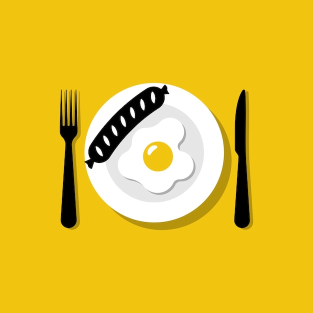 Eat an egg and sausage eggs on a plate fork and knife on table healthy protein food omelet for break