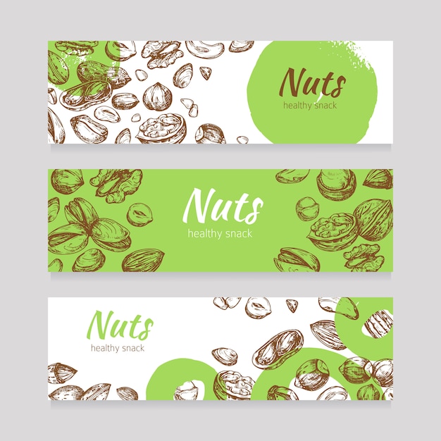 Eating nuts and seeds banners. Healthy food banner set in engraving style