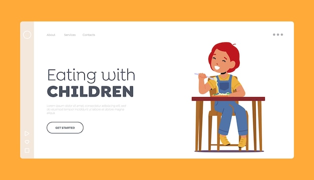 Eating with Children Landing Page Template Little Kid Enjoying Tasty Food Red Head Smiling Child Eat Spaghetti