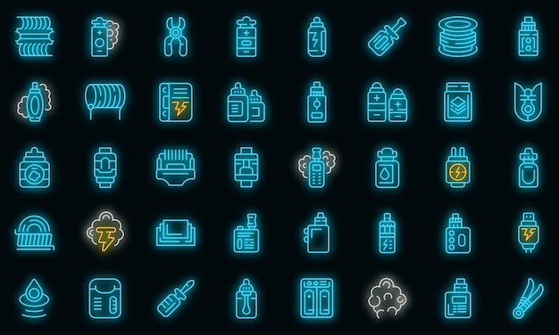 Ecigarette accessories icons set outline vector Liquid cotton vector neon