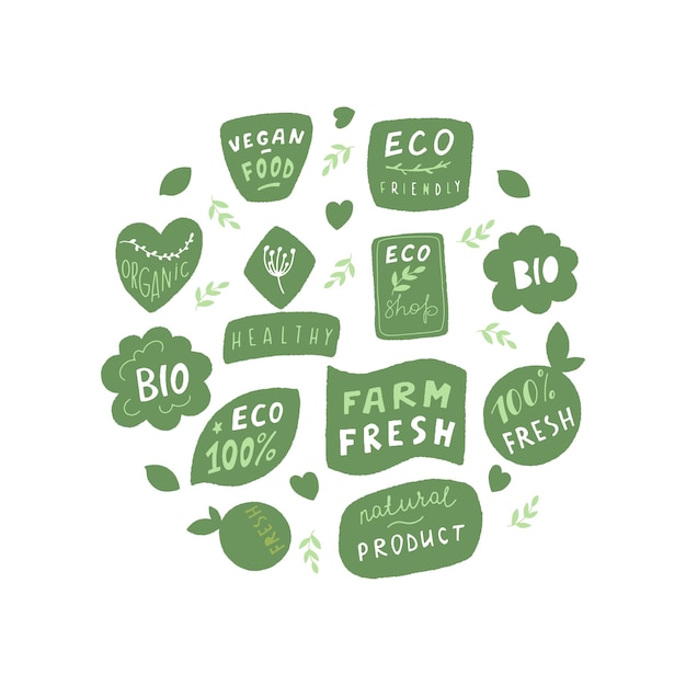 Eco badge set in handraw style. Organic logo. Vegan product labels, natural food and eco vegetables badges, fresh and healthy product stickers. Vector illustration