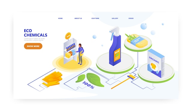 Eco chemicals landing page design website banner vector template natural household cleaning product