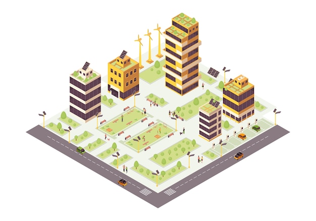 Eco city isometric color illustration. Eco friendly buildings with solar grids and trees infographic. Smart city 3d concept. Sustainable environment. Modern town. Isolated design element