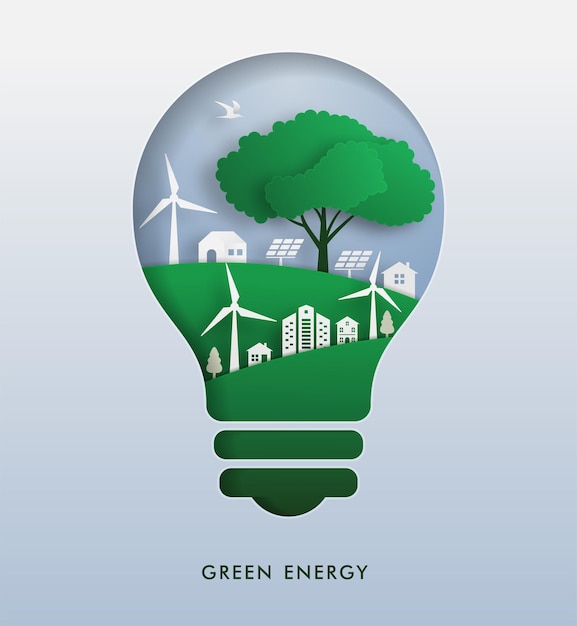 Eco concept and green power in green city paper cut vector illustration