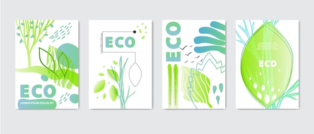 Vector eco covers, templates set, posters in memphis and hipster style with geometric and nature elements