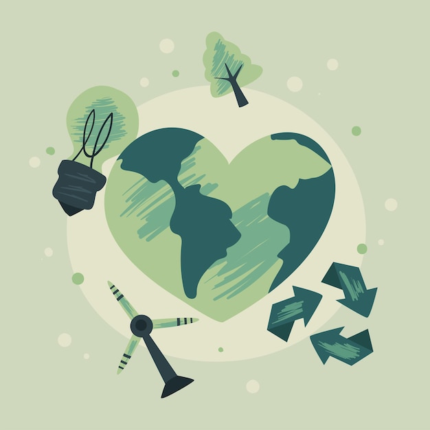 Eco earth heart with icon set on green background