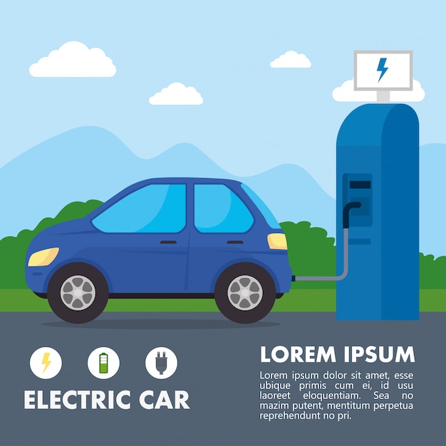 Eco electric station and blue car at city vector design