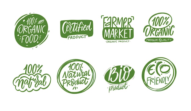 Eco food product green color lettering phrases set. Hand drawn doodle sticker vector illustration.