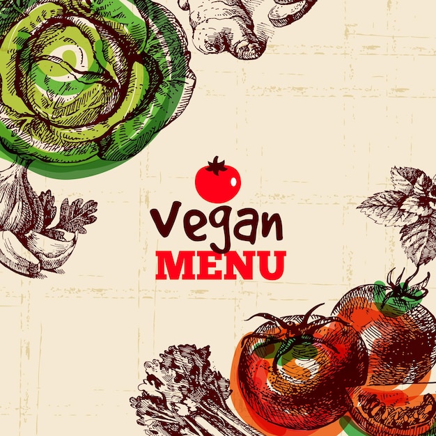 Vector eco food vegan menu background. watercolor and hand drawn sketch vegetable. vector illustration