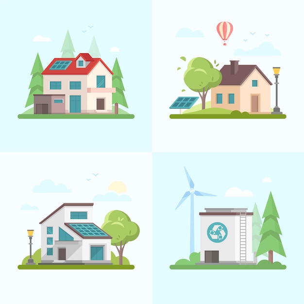 Eco-friendly complex - set of modern flat design style vector illustrations on blue background. A collection of four images of different houses, trees, barn, solar panel, windmill, recycling outlet