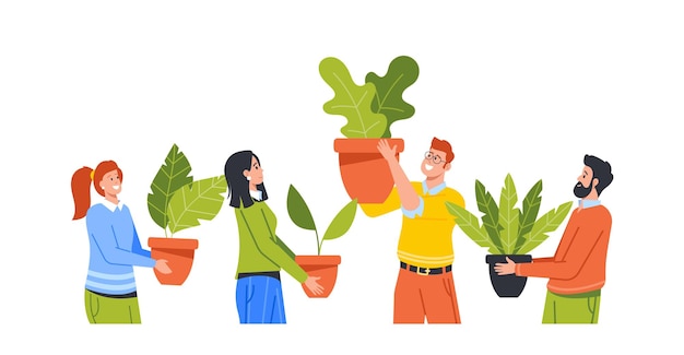 Eco Friendly Environment at Work Concept with Happy Business Men and Women Characters Holding Green Potted Plants