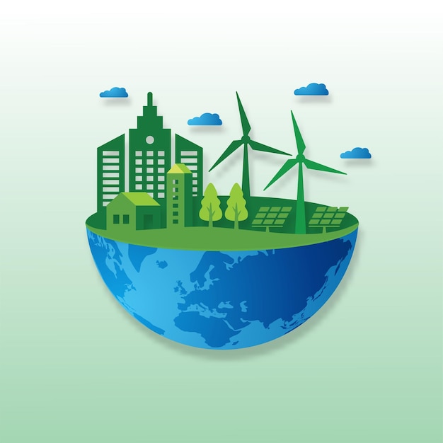 Eco Friendly and Green Energy Ecology concept with Green Eco Earth and Trees Vector illustration