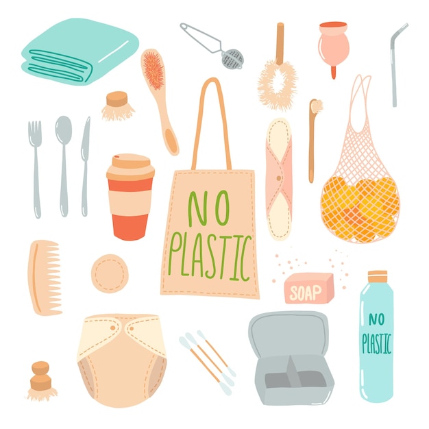 Eco friendly objects isolated Cartoon zero waste things set Vector eco produts clip art