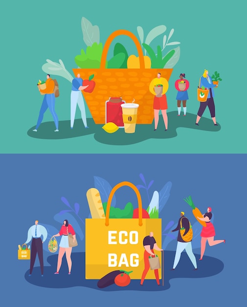 Eco friendly shopping concept vector illustration tiny man woman character care about planet ecology...