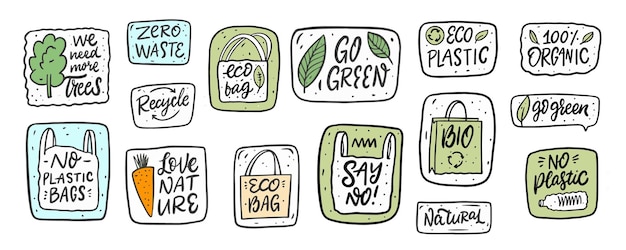 Eco hand drawn modern calligraphy phrases set. Ecology stickers vector illustration.