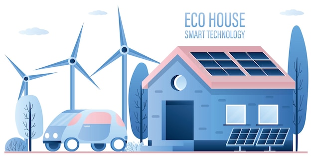 Vector eco house and electric car clean energy with windmills rooftop solar panel house floor solar panels