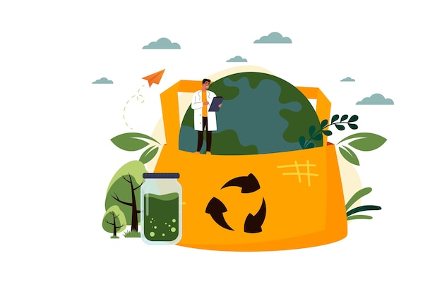 Eco illustration for web. People sorting waste and use eco bag and reusable cup.