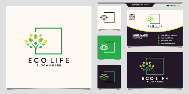 Eco life people tree logo with square line art style and business card design Premium Vector