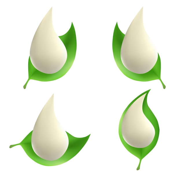 Eco logo Organic vector logos White drop of milk on a green leaf Isolated icons