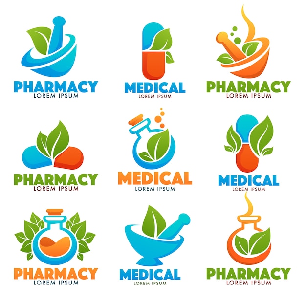 Eco Pharma, Glossy Shine Logo Template with Images of bottles, pounder, pills and green Leaves