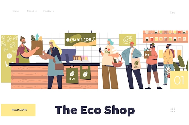 Eco shop concept of landing page with organic store buyers buy grocery with reusable packaging