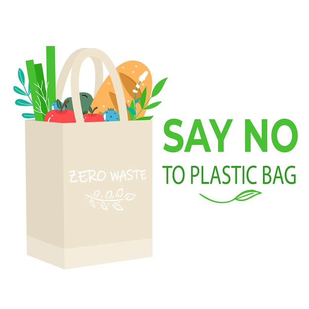 Eco shopping bag with vegetables fruits Dairy food in reusable eco friendly shopper net Zero waste concept Flat trendy design Say no to plastic bag