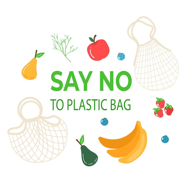 Eco shopping bag with vegetables fruits Dairy food in reusable eco friendly shopper net Zero waste concept Flat trendy design Say no to plastic bag