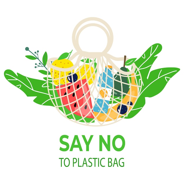 Eco shopping bag with vegetables fruits Dairy food in reusable eco friendly shopper net Zero waste concept Flat trendy design Say no to plastic bag