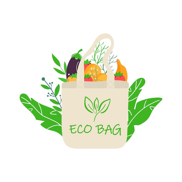 Eco shopping bag with vegetables fruits and healthy drinks Dairy food in reusable eco friendly shopper net Zero waste plastic free concept Flat trendy design