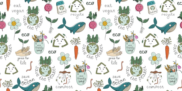 Vector eco theme seamless pattern environmental conservation earth day concept motivational text