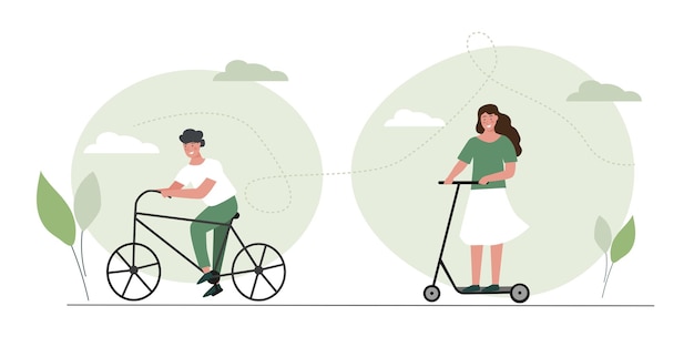 Eco transport concept Boy on bycicle and girl on electric scooter Vector illustration