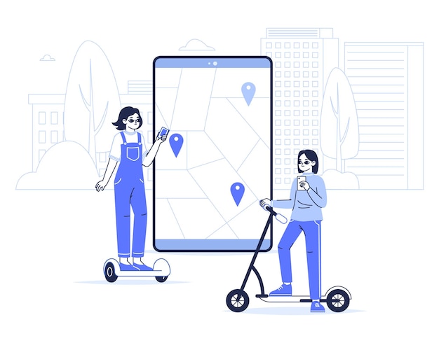 Eco transport sharing app concept City transport rental service women riding rental gyroscooter and electric kick scooter flat linear vector illustration