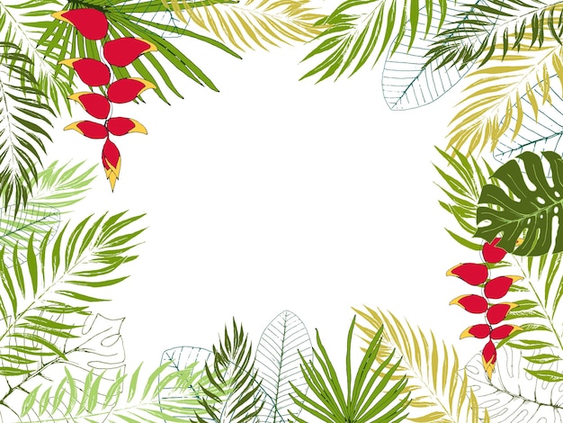 Eco tropical template with place for text Jungle exotic frame of heliconia flowers palm leaves monstera leaves frangipani EPS8 vector illustration