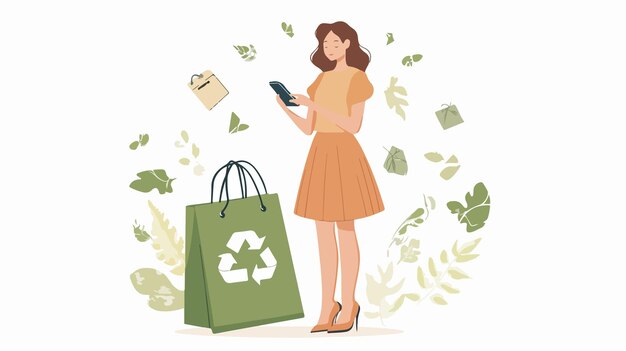 Vector ecofriendly fashion concept woman using smartphone near sustainable clothing display