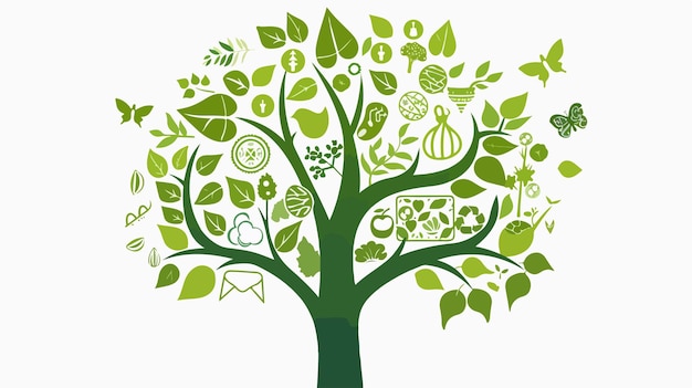 EcoFriendly Green Tree with Ecological Icons in Flat Vector Isolated