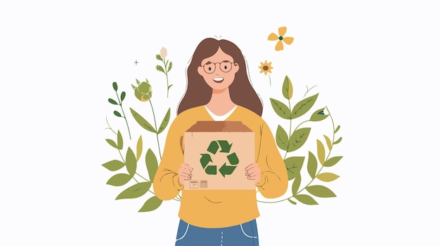 EcoFriendly Young Woman Showing Recycle Symbol on Flat Vector Card