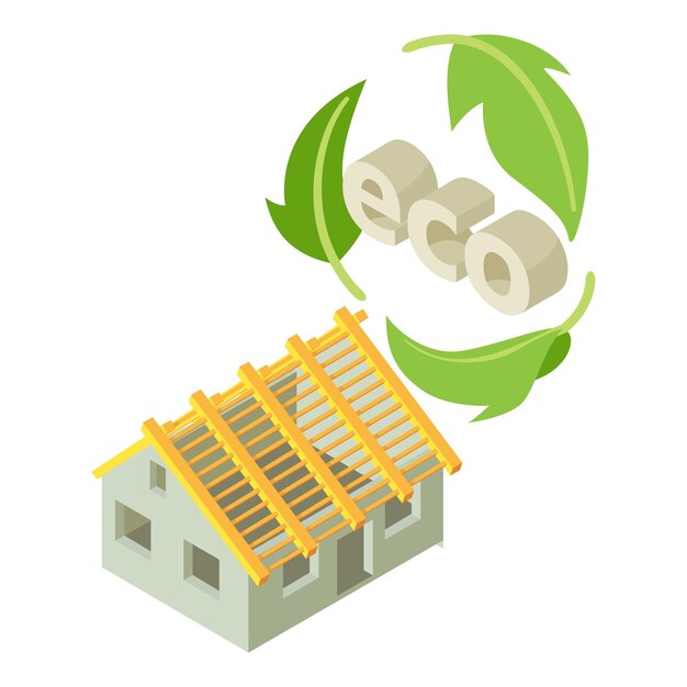 Vector ecological building icon isometric vector building frame and inscription eco modern construction technology