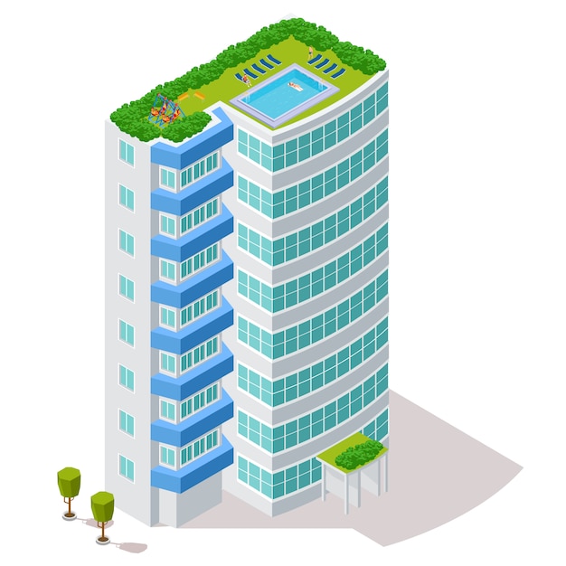 Ecological concept of hotel building with rest zone and pool on the roof  illustration