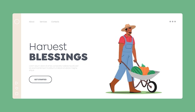 Ecological Farm Production Landing Page Template Man Pick Harvest to Wheelbarrow in Orchard Farmer Gardener Harvesting