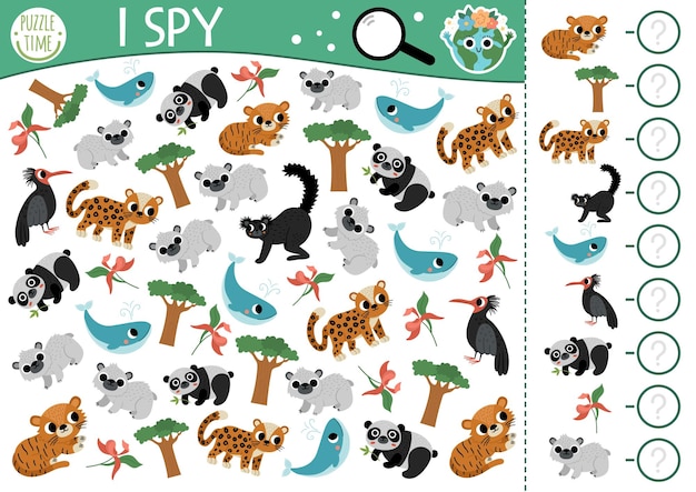 Vector ecological i spy game for kids searching and counting activity with extinct animals earth day printable worksheet for preschool children simple eco awareness puzzle with endangered animalsxa