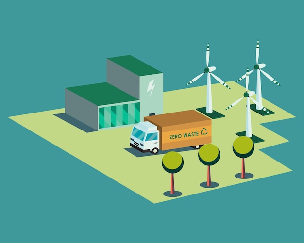 Ecological plant truck and wind mills isometric design, Save energy power eco sustainable and environmental theme