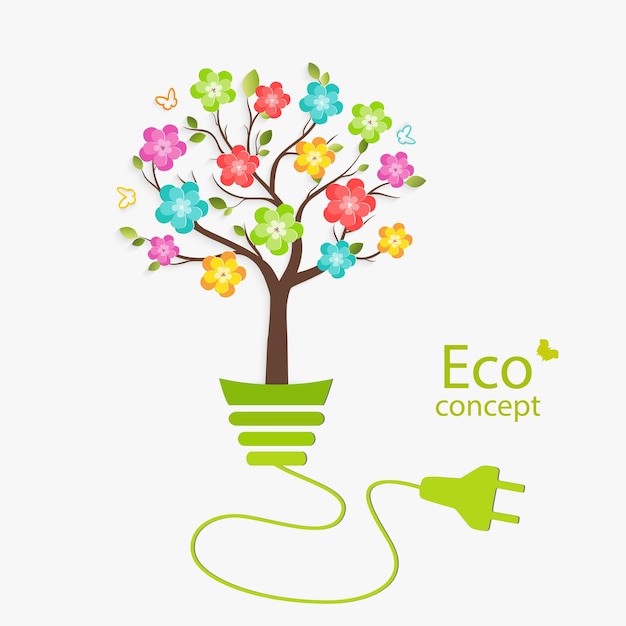 Ecologically clean world A tree with colorful vibrant flowers grows inside a light bulb