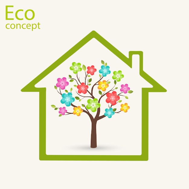 Ecology concept Paper tree with green leaves and bright vibrant flowers growing inside the house